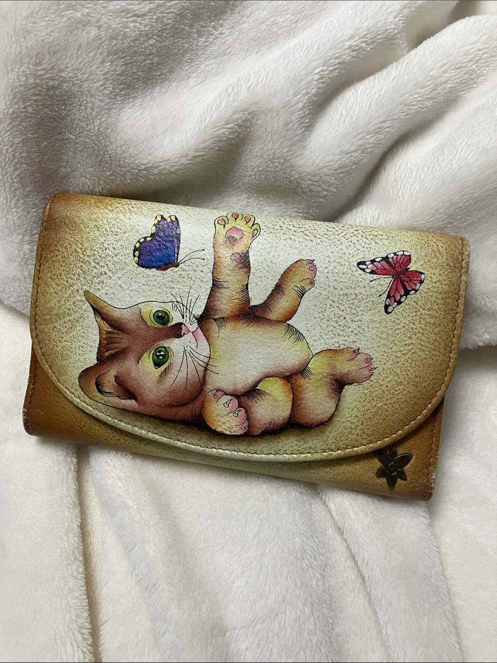 Anuschka Tri-fold Leather Hand Painted Wallet Kitten & Butterflies Tan
